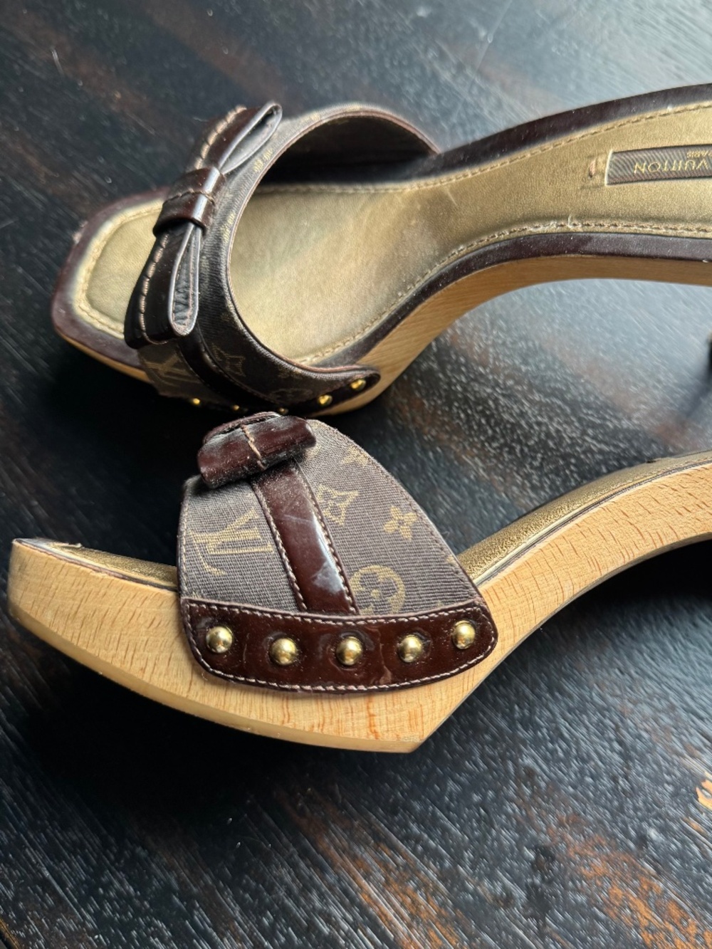 LOUIS VUITTON Monogram Brown Bow Wooden Clog Sandals - Picture 2 of 12